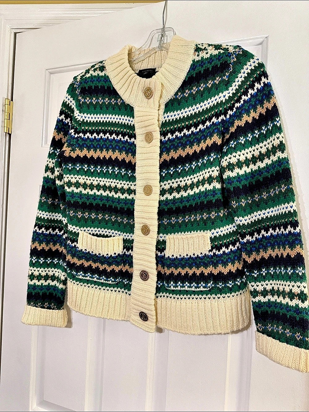 Talbots Fair Isle Cardigan Sweater Green & Cream XS